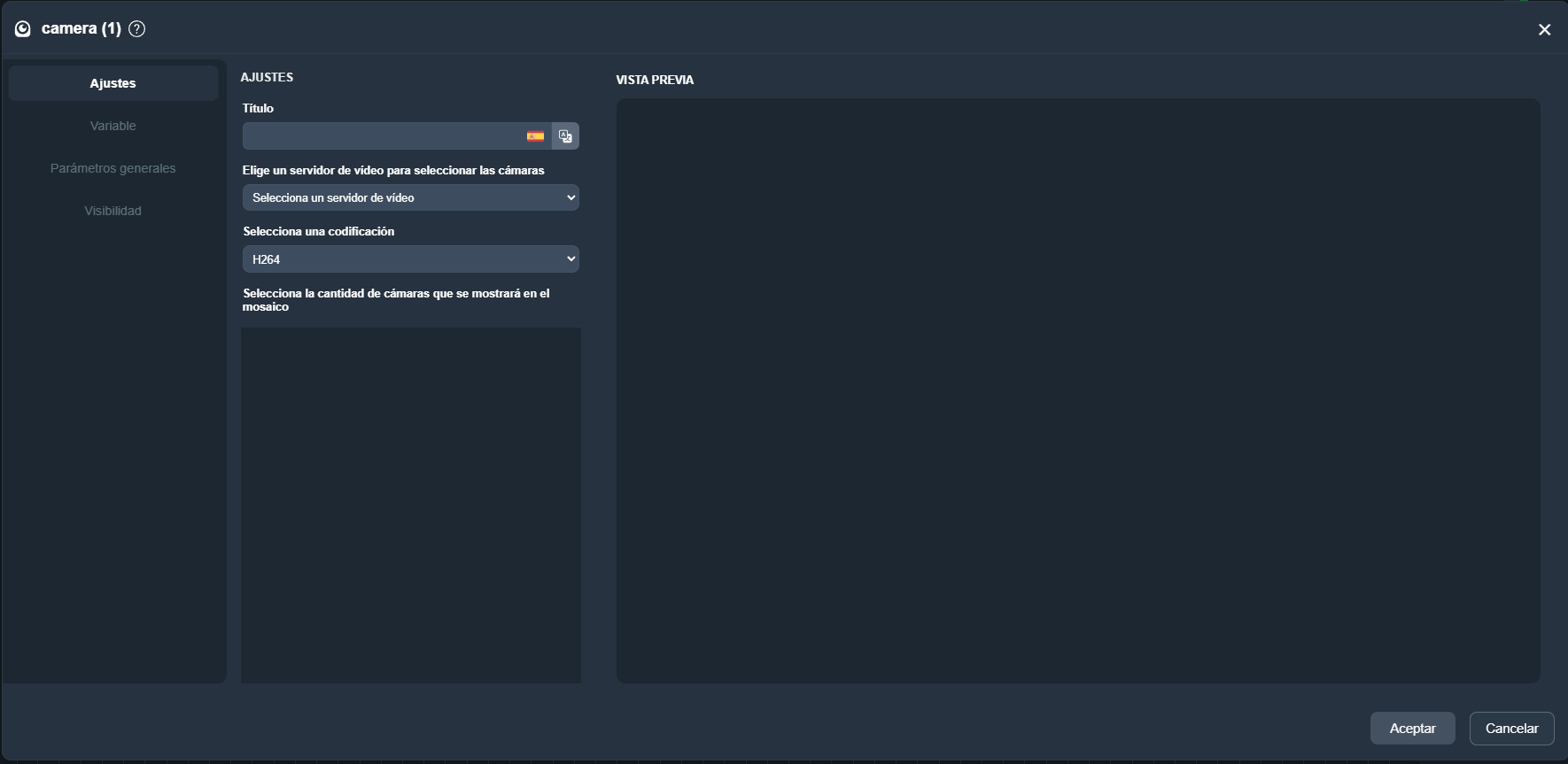 Parámetros del elemento cámara en paneles de la interfaz gráfica de Dragsa