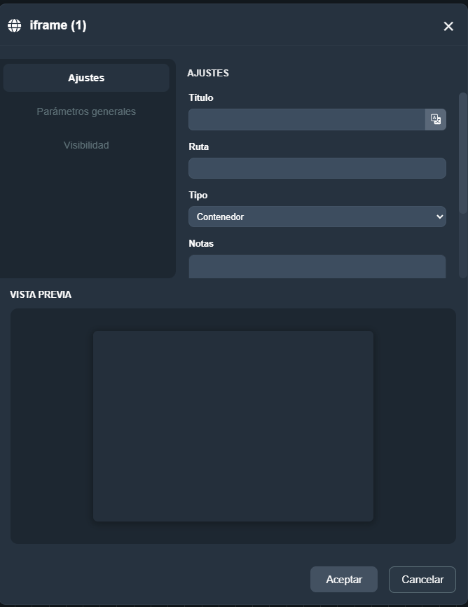 Parámetros del elemento contenedor web en paneles de la interfaz gráfica de Dragsa