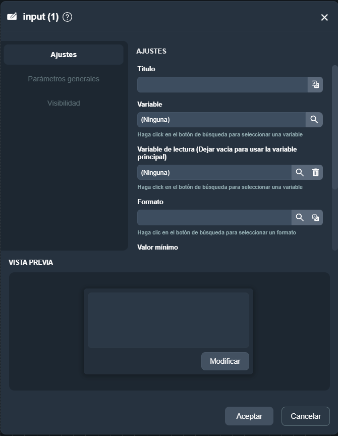 Parámetros del elemento entrada de valor en paneles de la interfaz gráfica de Dragsa