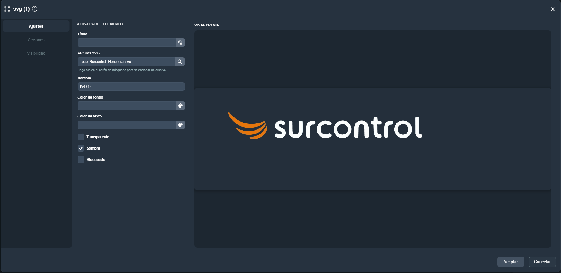 Parámetros elemento imagen vectorial en paneles de la interfaz gráfica de Dragsa