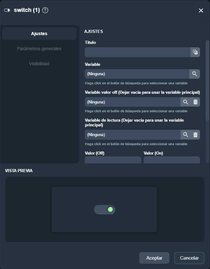 Parámetros del elemento interruptor de estados en paneles de la interfaz gráfica de Dragsa