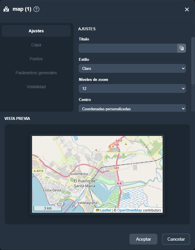 Parámetros mapa en paneles de la interfaz gráfica de Dragsa