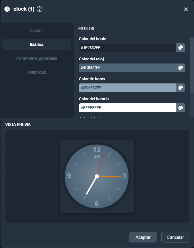 Vista previa del elemento reloj en paneles de la interfaz gráfica de Dragsa