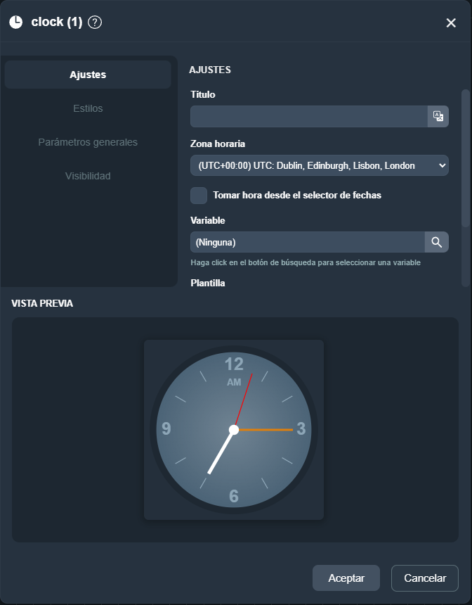 Parámetros del elemento reloj en paneles de la interfaz gráfica de Dragsa