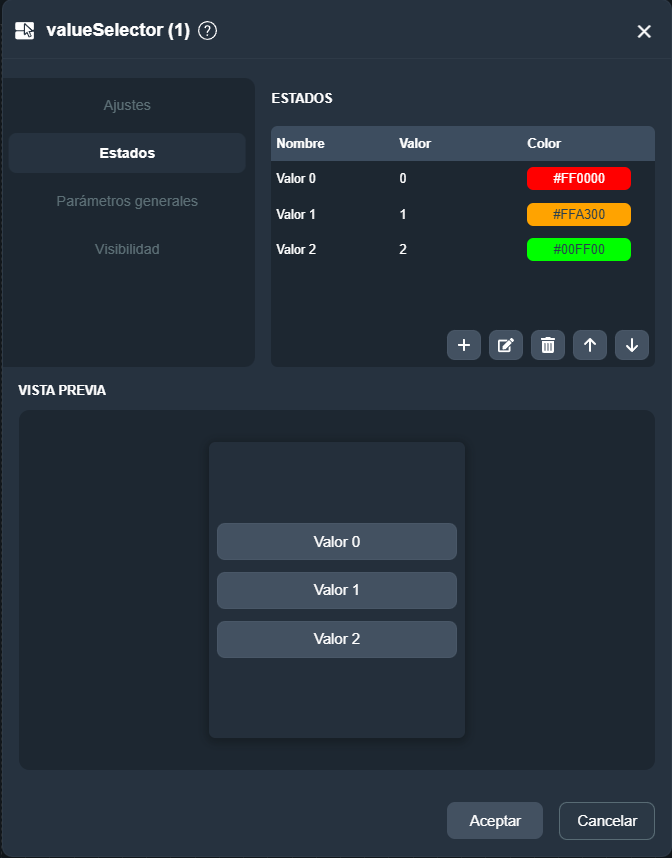 Parámetros del elemento selector de estados en paneles de la interfaz gráfica de Dragsa
