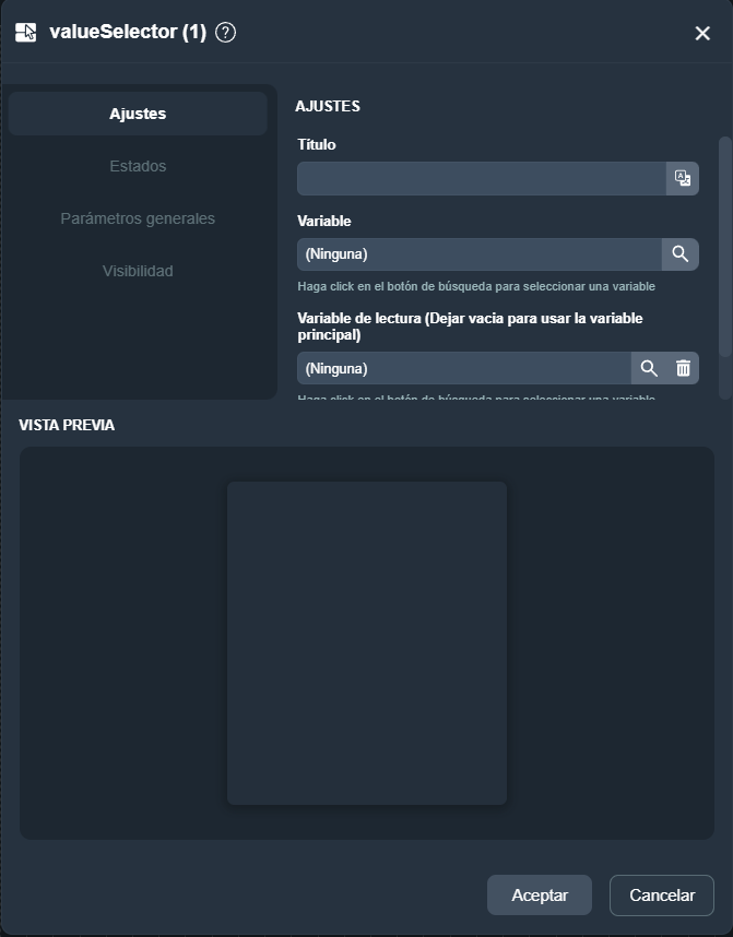 Parámetros del elemento selector de estados en paneles de la interfaz gráfica de Dragsa