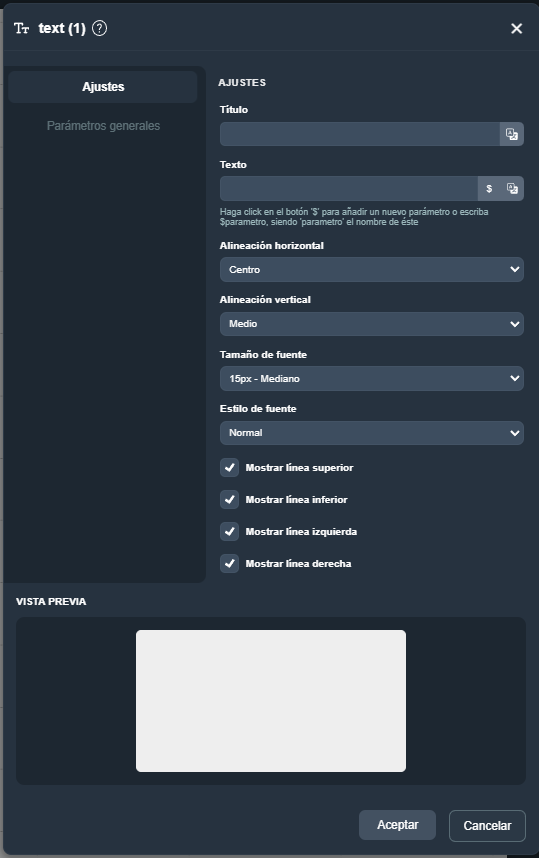Parámetros del elemento de texto en modo diseño de plantillas en la interfaz gráfica de Dragsa