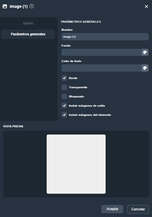 Parámetros generales de elementos modo diseño de plantillas en la interfaz gráfica de Dragsa