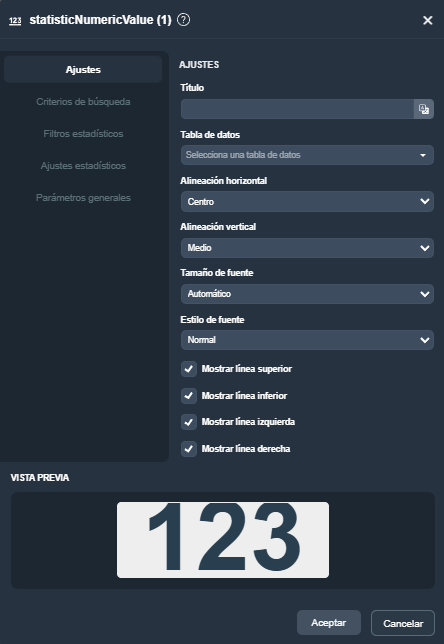 Modal del elemento indicador numérico estadístico en el módulo informes de Dragsa