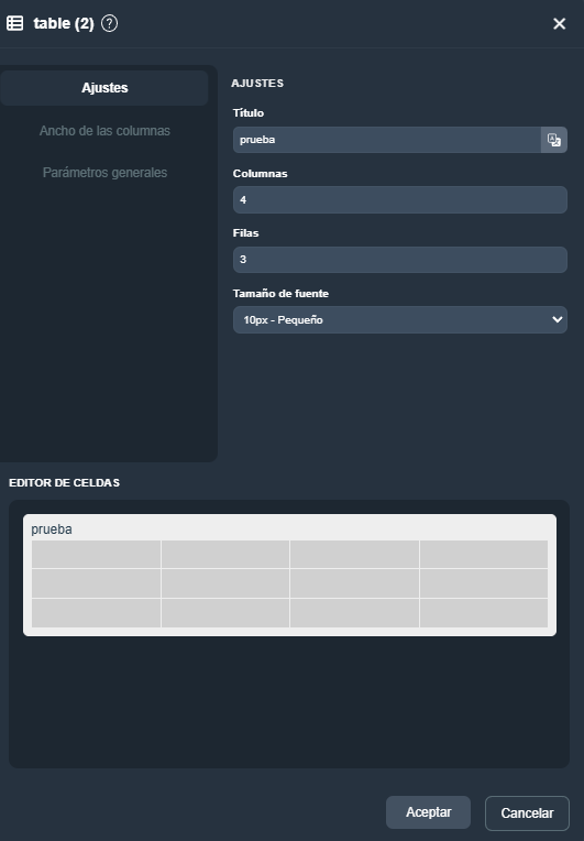 Parámetros del elemento de tabla en modo diseño de plantillas en la interfaz gráfica de Dragsa