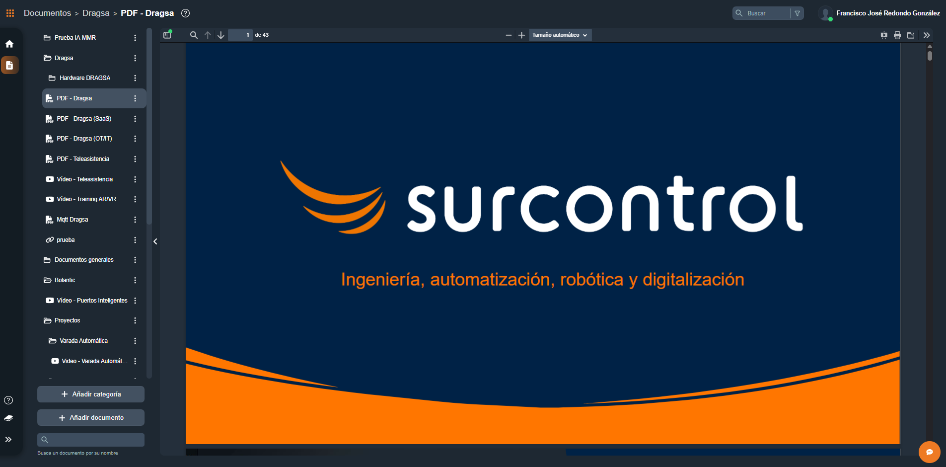 Documento en la interfaz gráfica de Dragsa