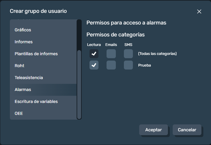 permisos de gestión de editores de alarmas en grupo de usuarios en la interfaz gráfica de Dragsa