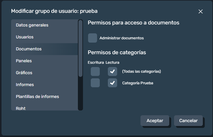 permisos de gestión de documentos en grupo de usuarios en la interfaz gráfica de Dragsa