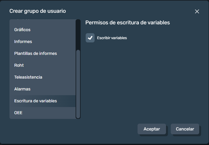 permisos de gestión de editores de escritura de variables en grupo de usuarios en la interfaz gráfica de Dragsa