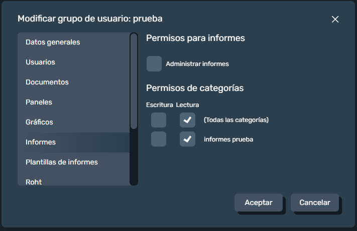 permisos de gestión de informes en grupo de usuarios en la interfaz gráfica de Dragsa