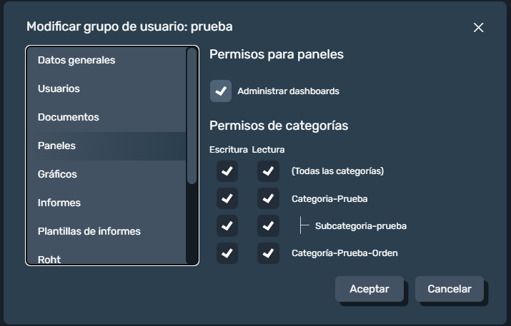 permisos de gestión de paneles en grupo de usuarios en la interfaz gráfica de Dragsa