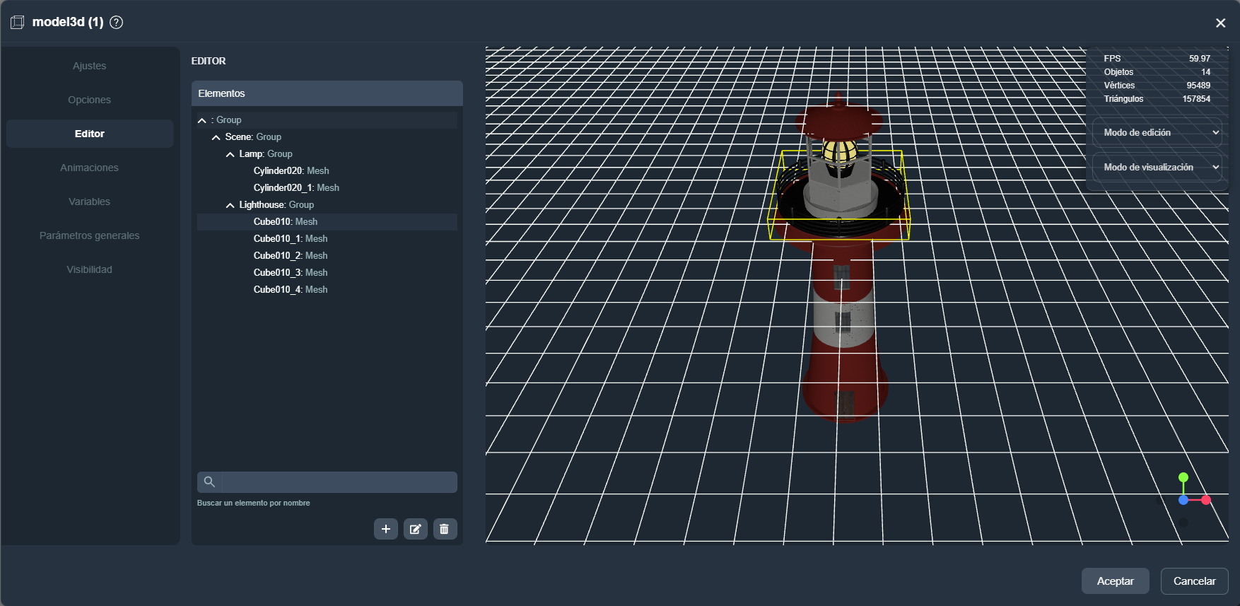 Parámetro editor del elemento modelo 3D en paneles de la interfaz gráfica de Dragsa