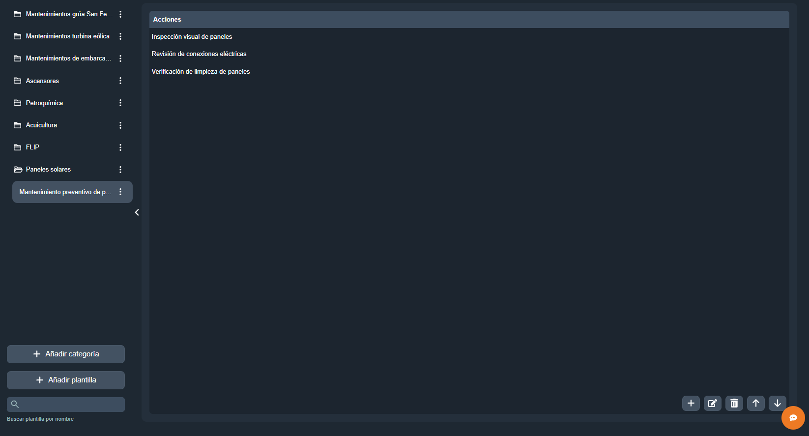Vista de acciones dentro de una plantilla de mantenimiento