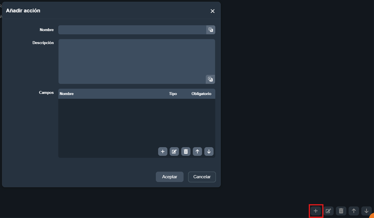 Modal Añadir acción dentro de una plantilla de mantenimiento