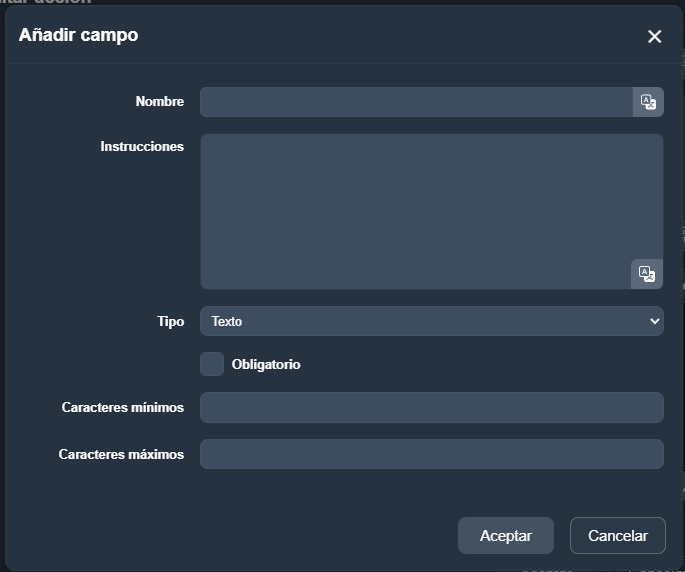 Modal Añadir campo dentro de una acción de una plantilla de mantenimiento