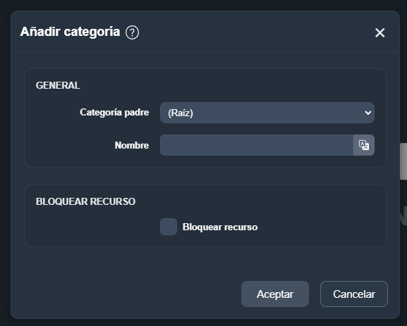Modal Añadir categoría dentro del módulo Plantillas de mantenimiento