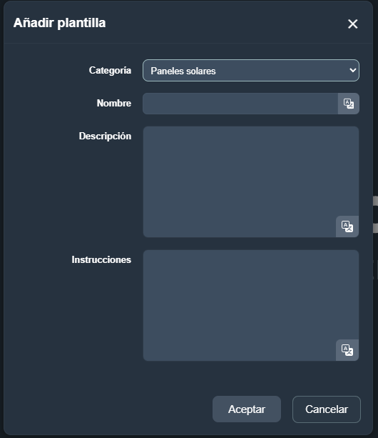Modal Añadir plantilla del módulo Plantillas de mantenimiento