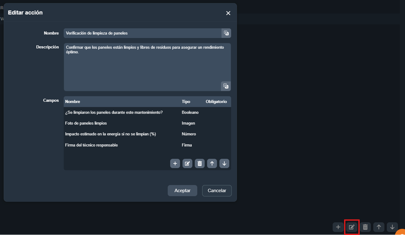 Modal Editar acción dentro de una plantilla de mantenimiento