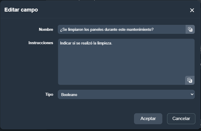 Modal Editar campo dentro de una acción de una plantilla de mantenimiento