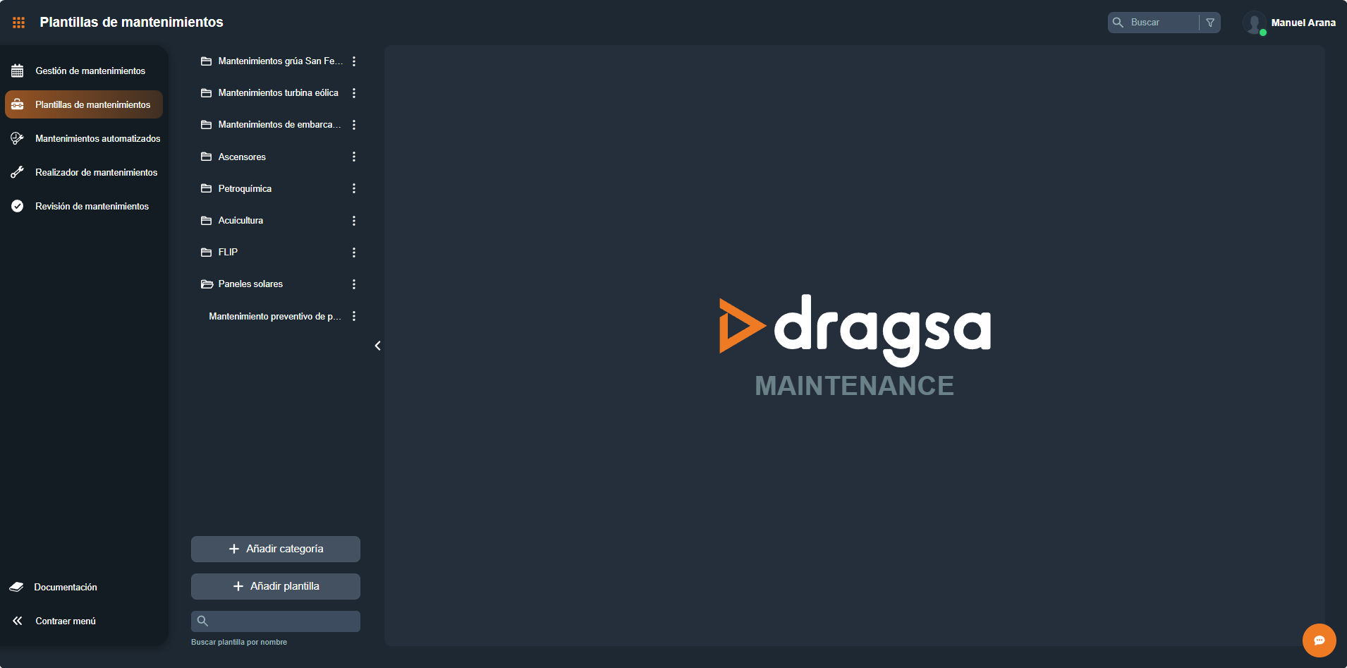 Vista general del módulo Plantillas de mantenimiento con panel lateral de categorías y opciones para añadir plantillas