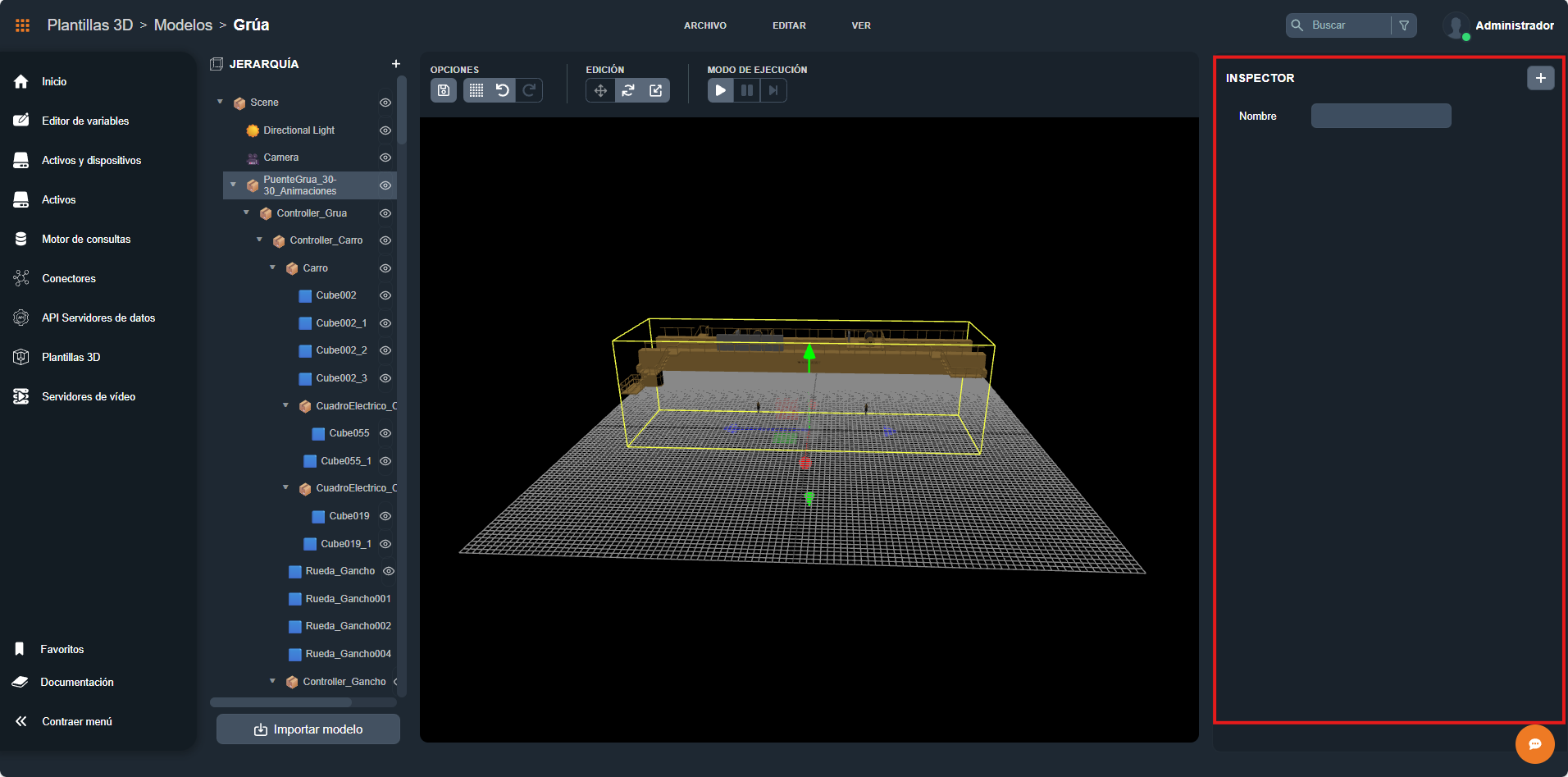 Panel Inspector en el editor 3D