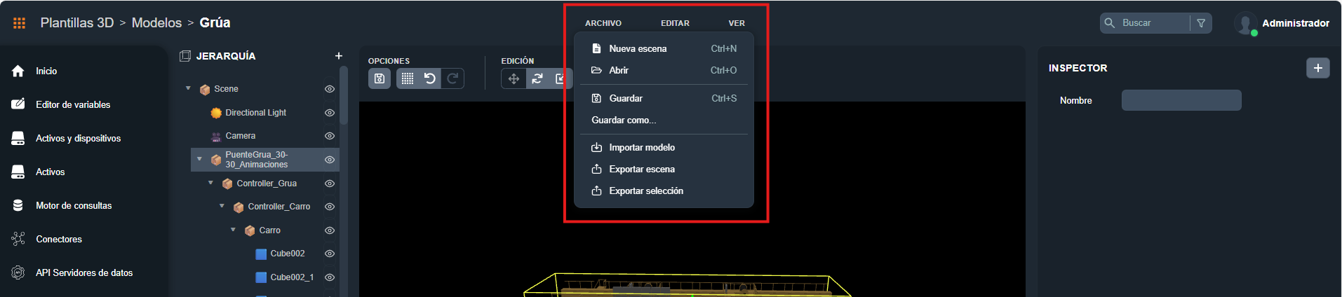 Menú Archivo del editor 3D: nueva escena, abrir, guardar, guardar como, importar modelo, exportar escena, exportar selección
