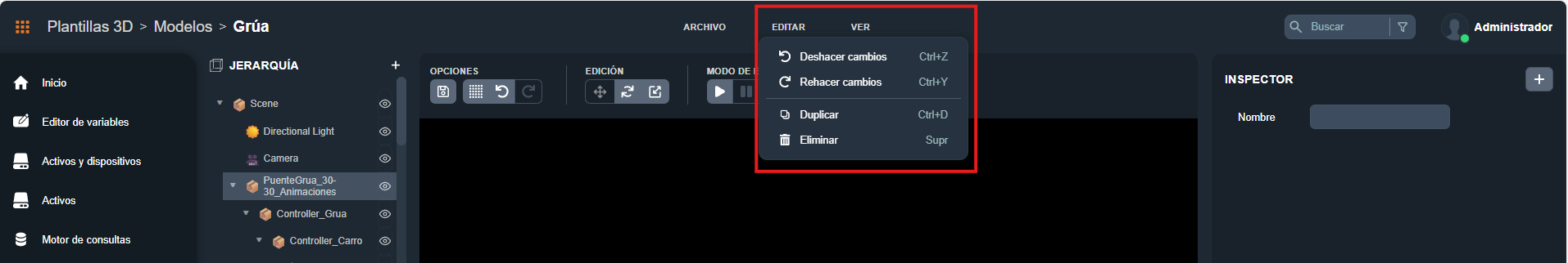 Menú Editar del editor 3D: deshacer, rehacer, duplicar, eliminar