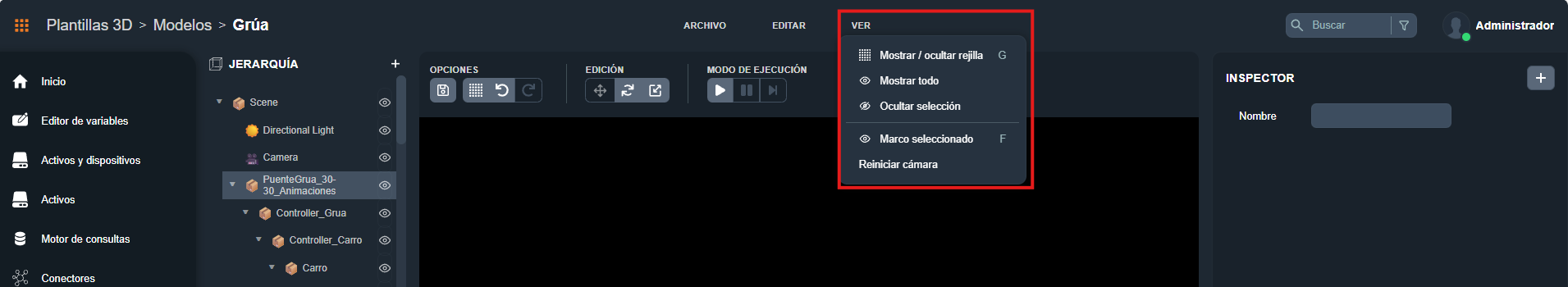 Menú Ver del editor 3D: rejilla, mostrar todo, ocultar selección, marco seleccionado, reiniciar cámara