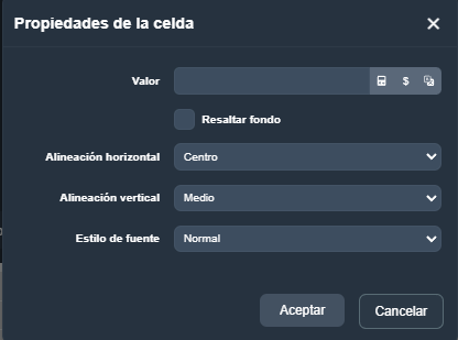 Editor de celdas del elemento de tabla en modo diseño de plantillas en la interfaz gráfica de Dragsa