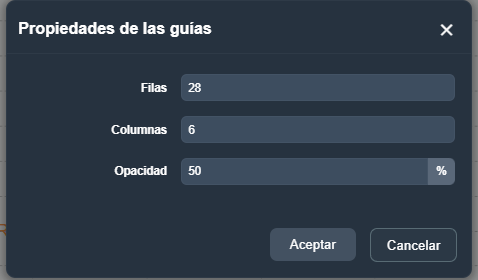 Propiedadesde las guías en modo diseño de plantillas en la interfaz gráfica de Dragsa