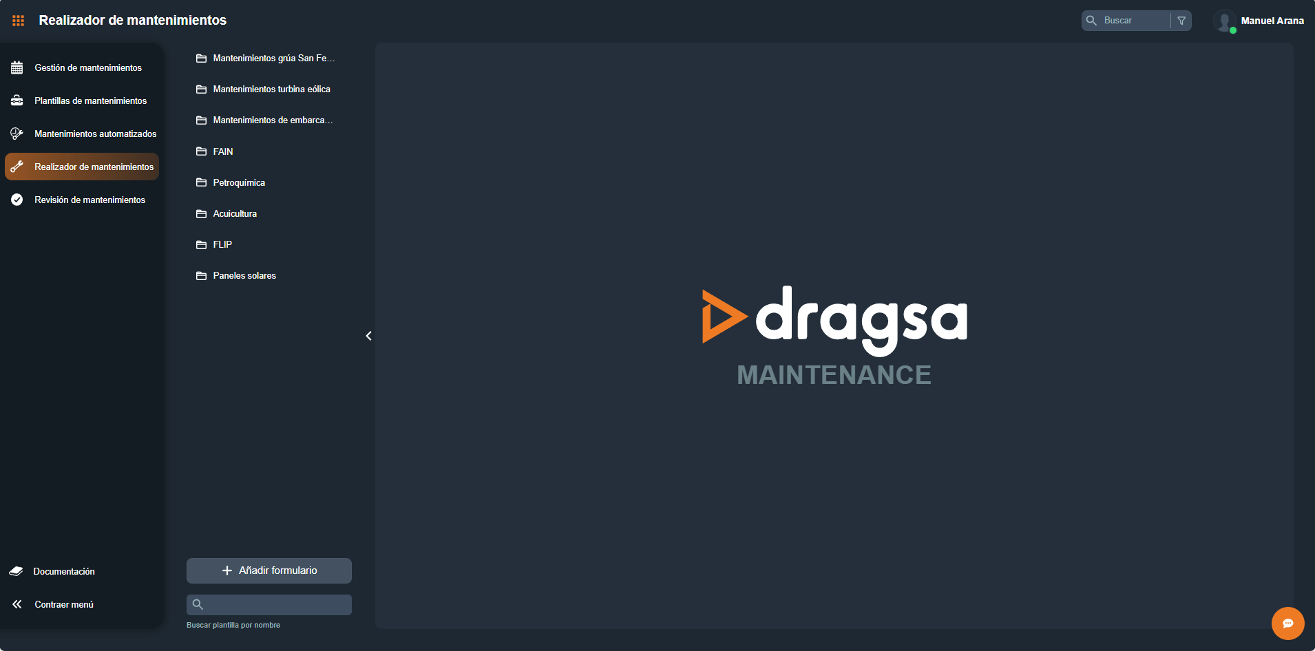 Vista general del módulo Realizador de mantenimientos con el panel lateral y el botón Añadir formulario