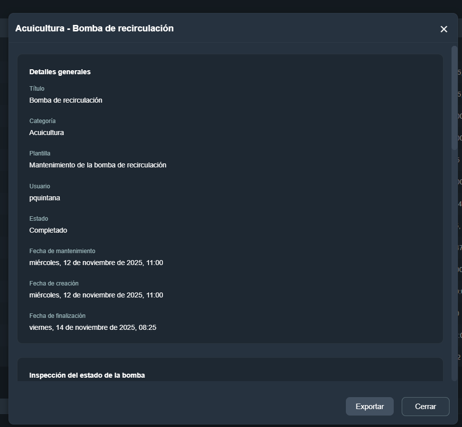 Ventana con los detalles completos de una revisión en el módulo Revisión de mantenimientos