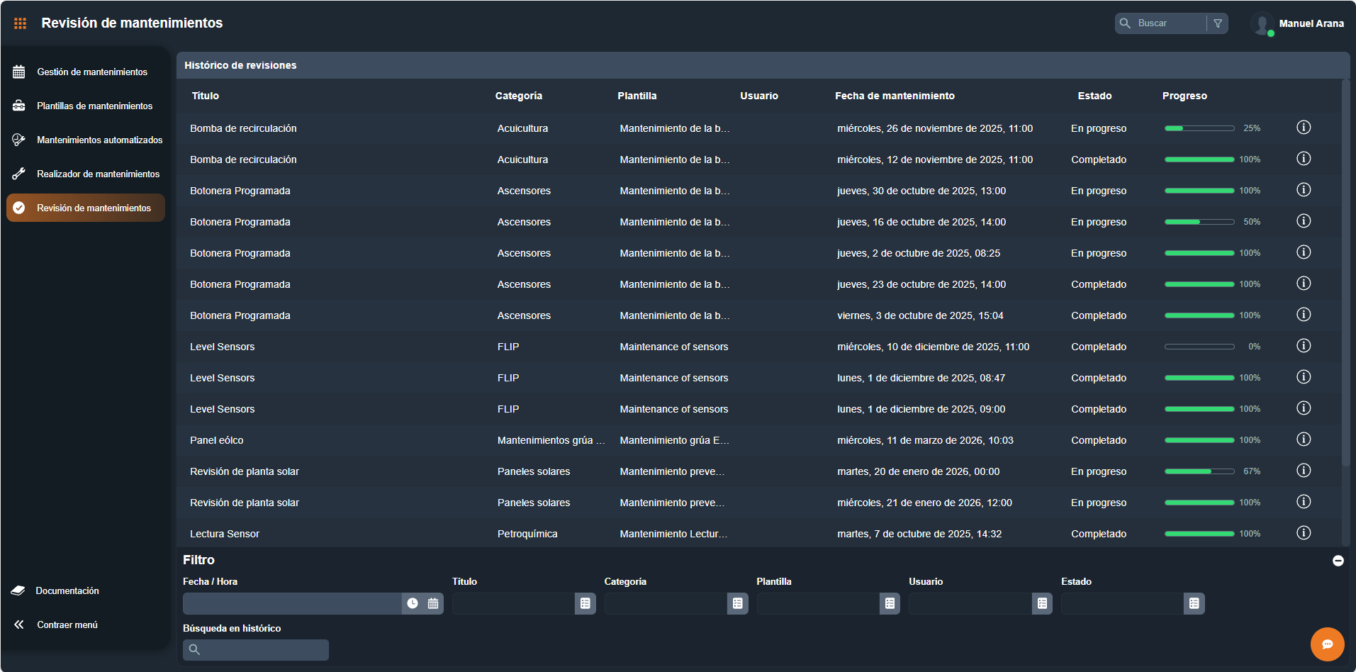 Vista general del módulo Revisión de mantenimientos con listado de revisiones y panel de filtros