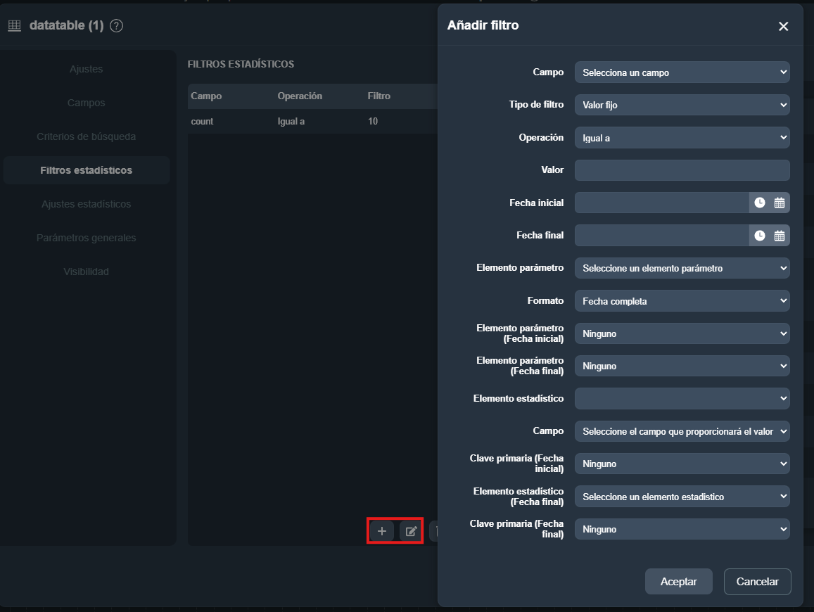 Modal de creación de filtros estadísticos en el elemento tabla de datos del módulo paneles de Dragsa