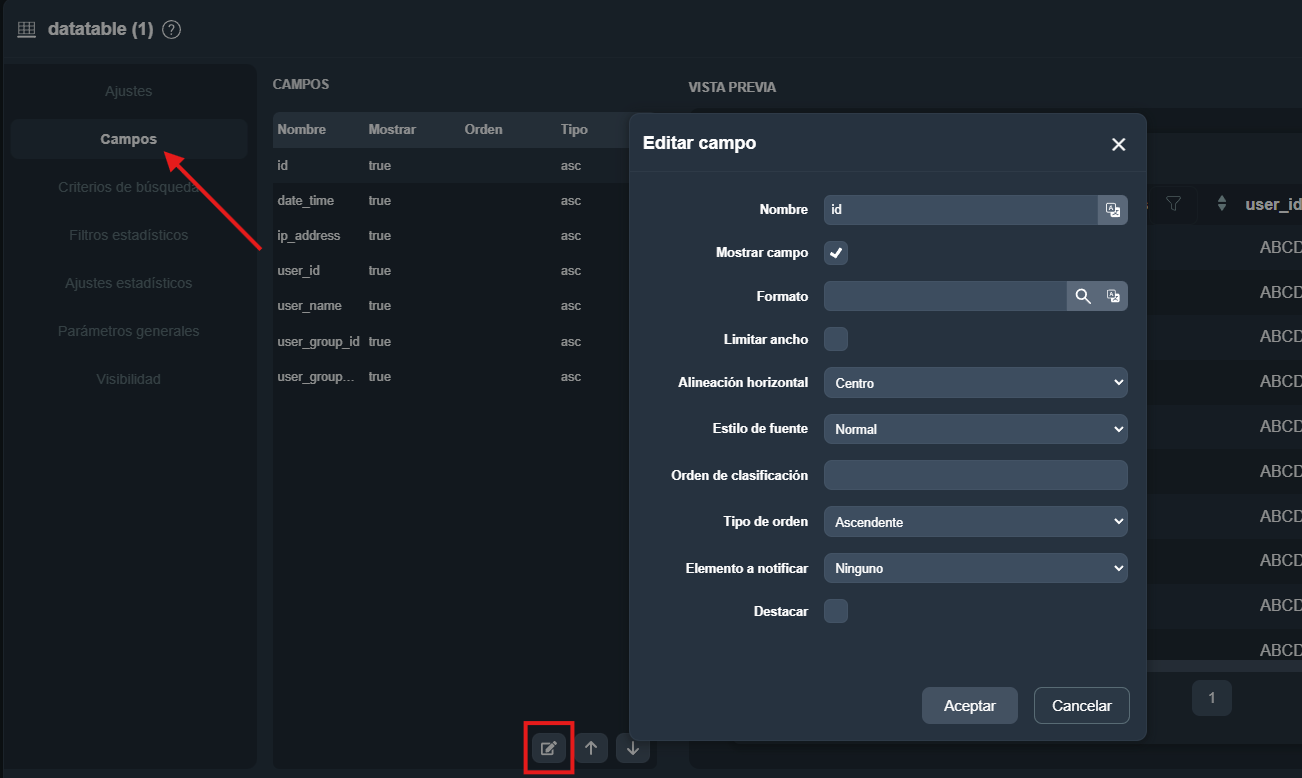 Modal Editar campo en la pestaña Campos del elemento tabla de datos