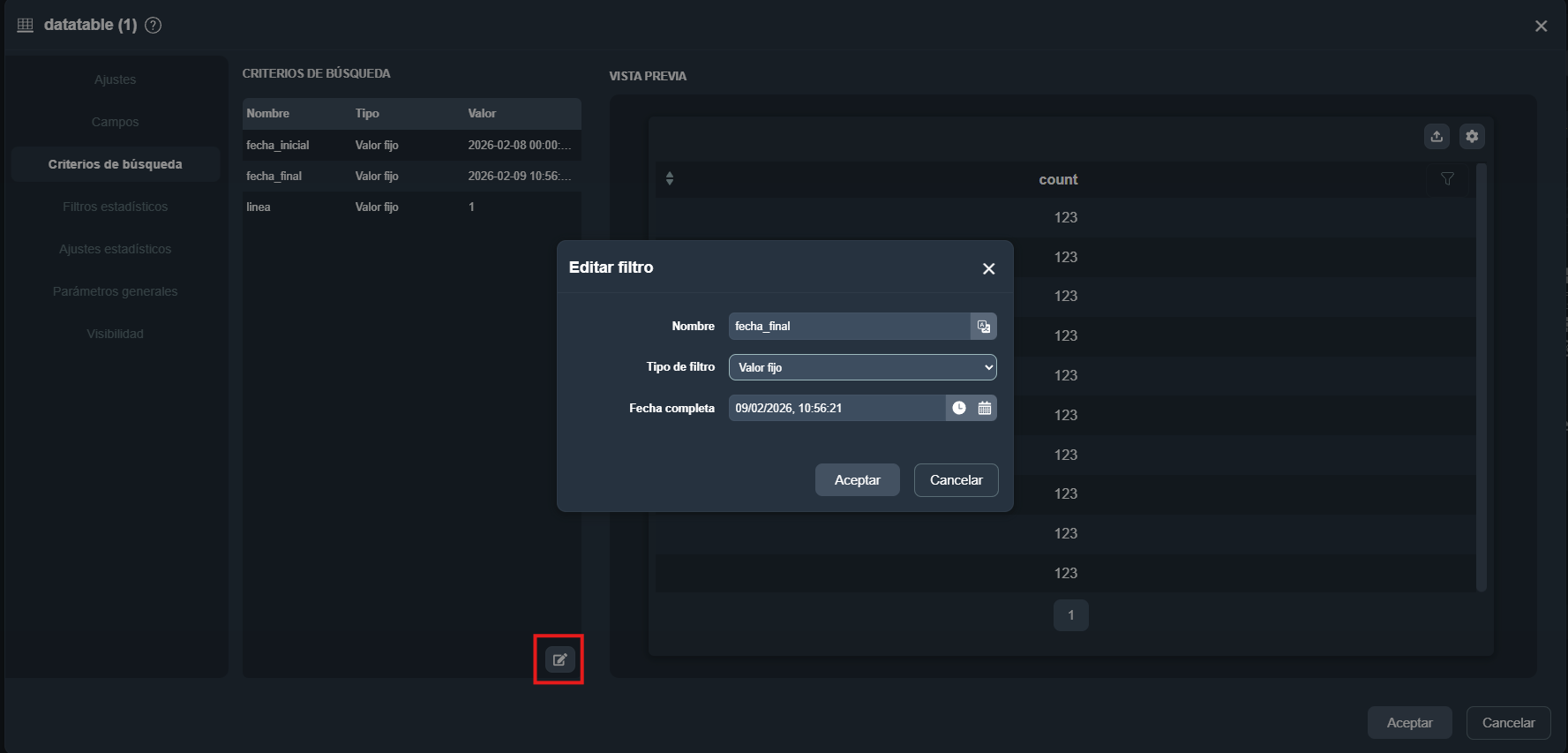 Modal de edición de un criterio de búsqueda en el elemento tabla de datos del módulo paneles de Dragsa