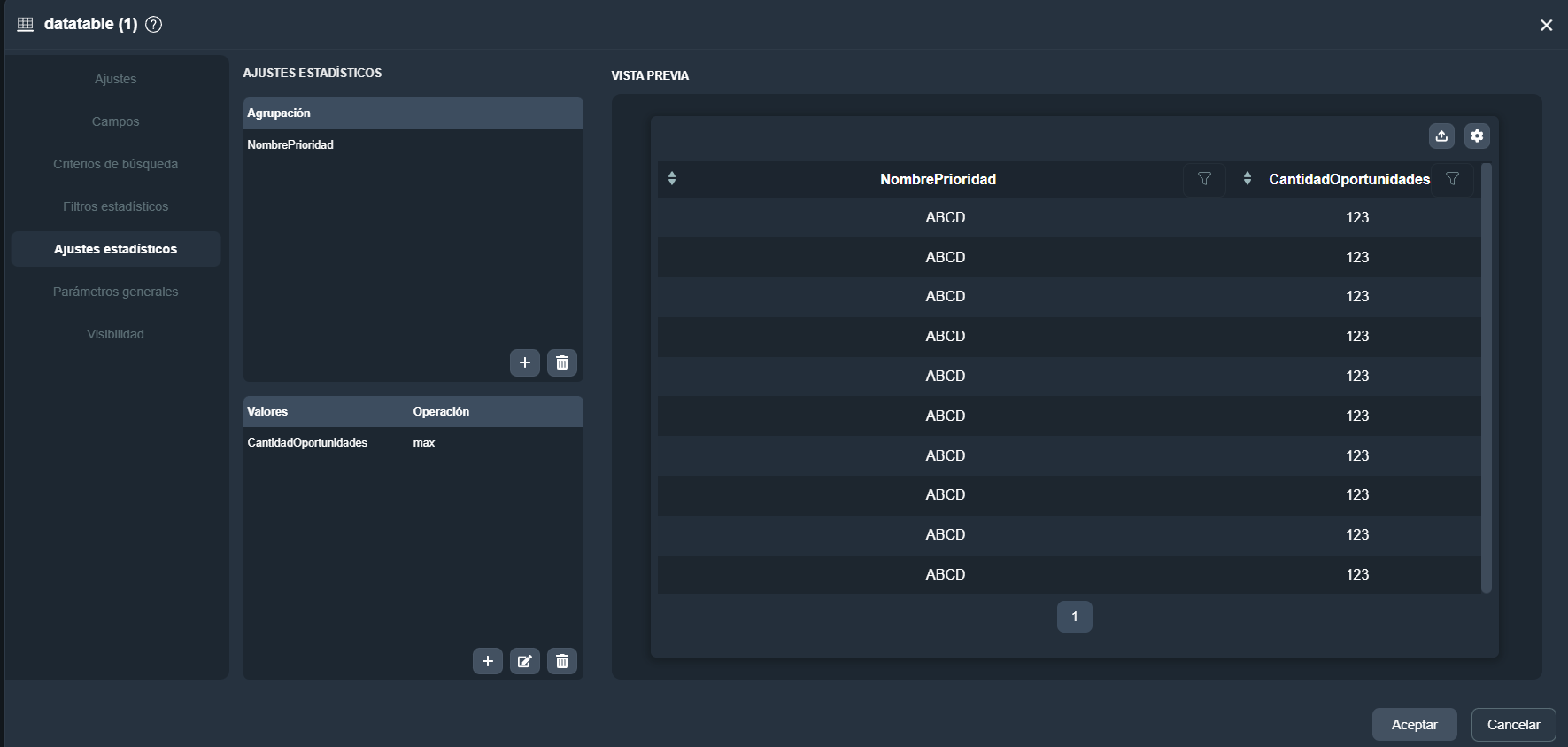 Vista de la pestaña Ajustes estadísticos del elemento tabla de datos en el módulo paneles de Dragsa