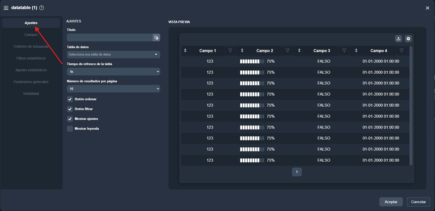 Vista de la pestaña Ajustes del elemento tabla de datos en el módulo paneles de Dragsa