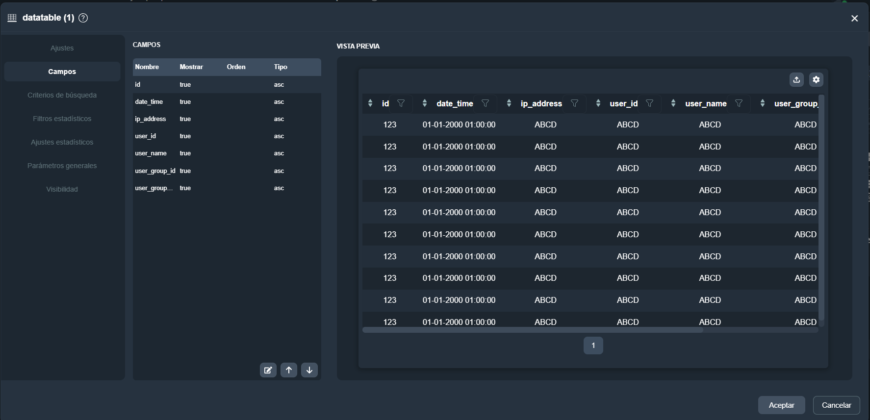Pestaña Campos del elemento tabla de datos en el módulo paneles de Dragsa