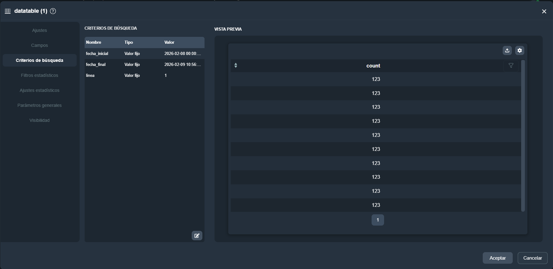 Vista de la pestaña Criterios de Búsqueda del elemento tabla de datos en el módulo paneles de Dragsa