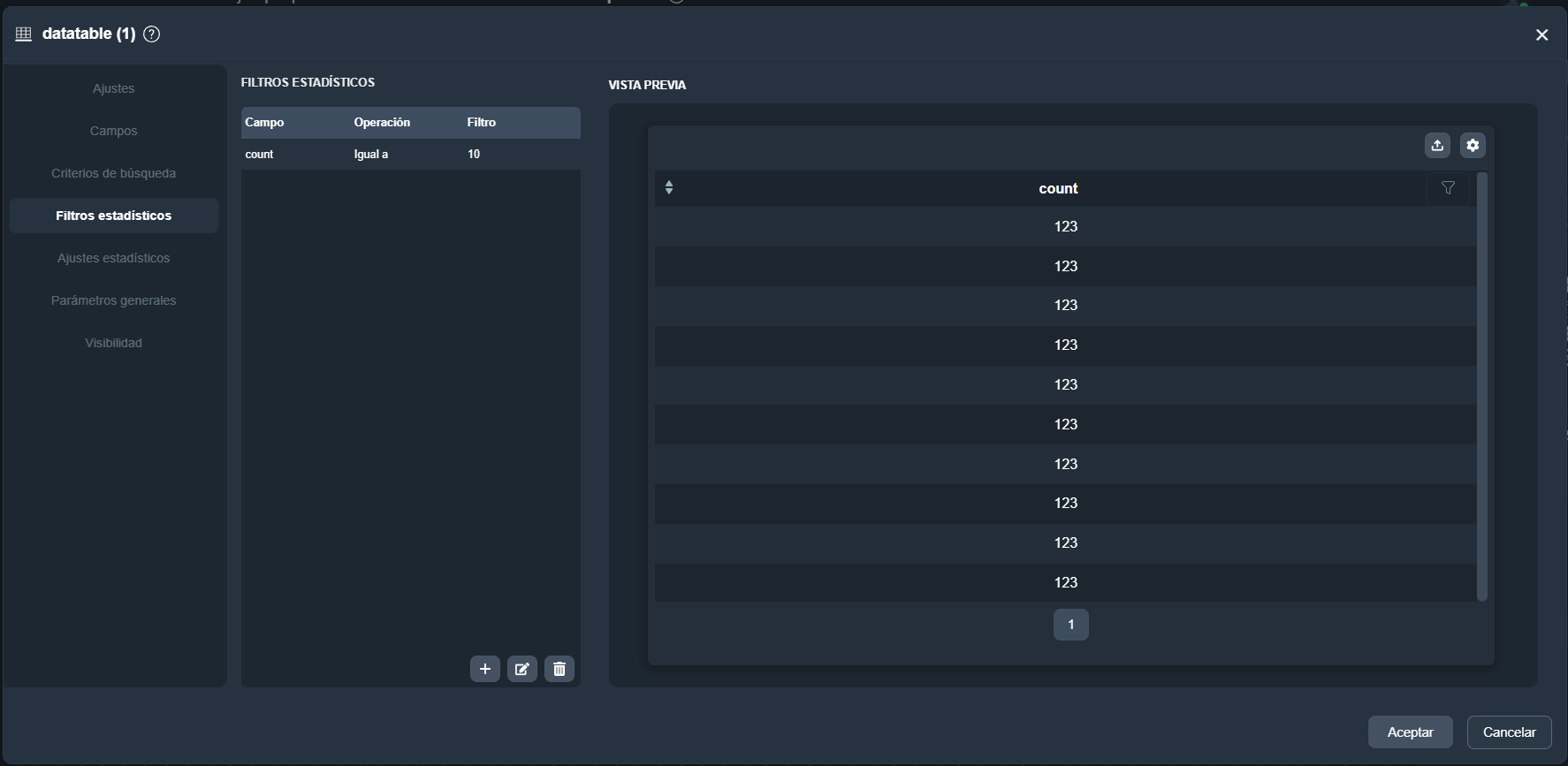 Vista de la pestaña Filtros estadísticos del elemento tabla de datos en el módulo paneles de Dragsa