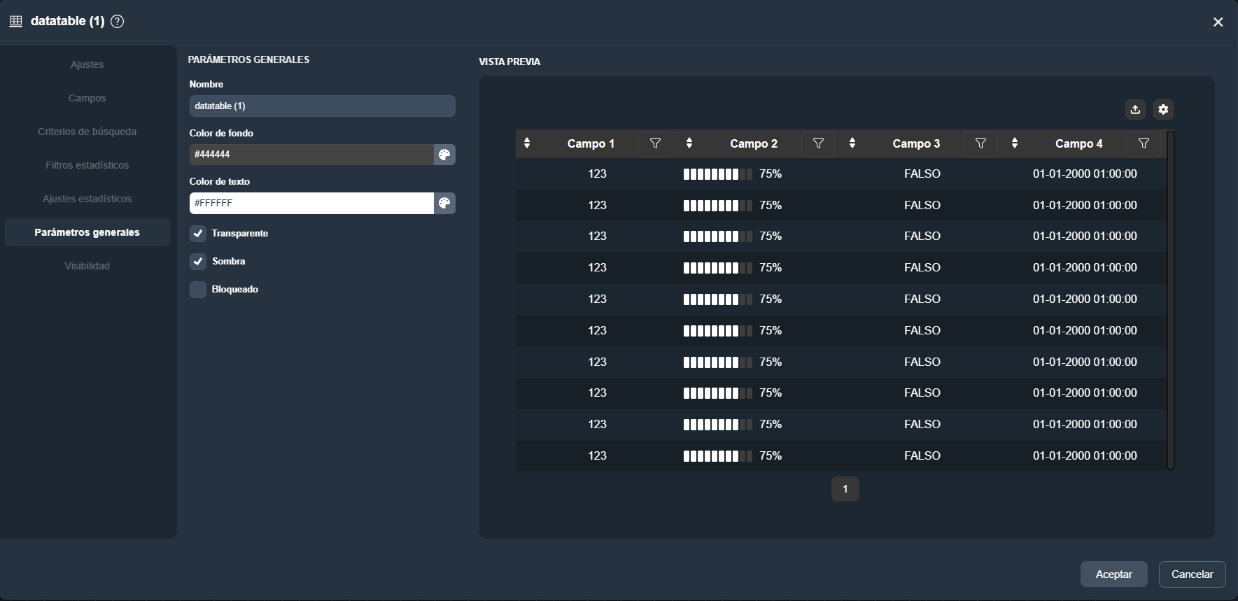 Vista de la pestaña Parámetros generales del elemento tabla de datos en el módulo paneles de Dragsa
