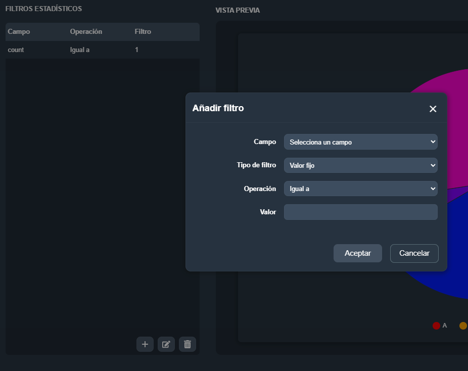 Modal para crear o editar un filtro estadístico en el elemento tarta estadística del módulo paneles de Dragsa
