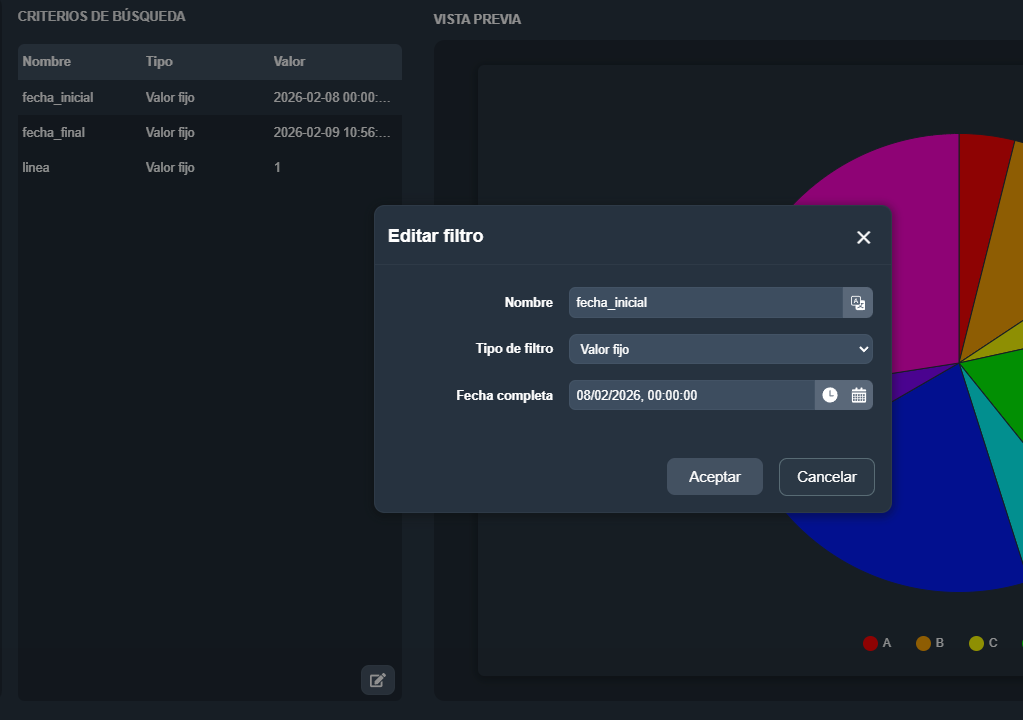 Modal de edición de un criterio de búsqueda en el elemento tarta estadística del módulo paneles de Dragsa