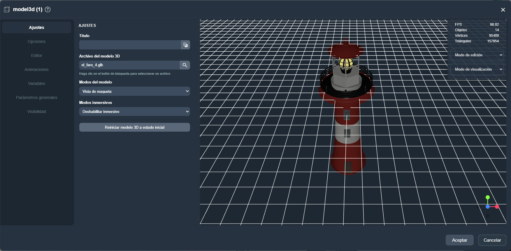 Parámetros elemento Tutorial 3D en paneles de la interfaz gráfica de Dragsa